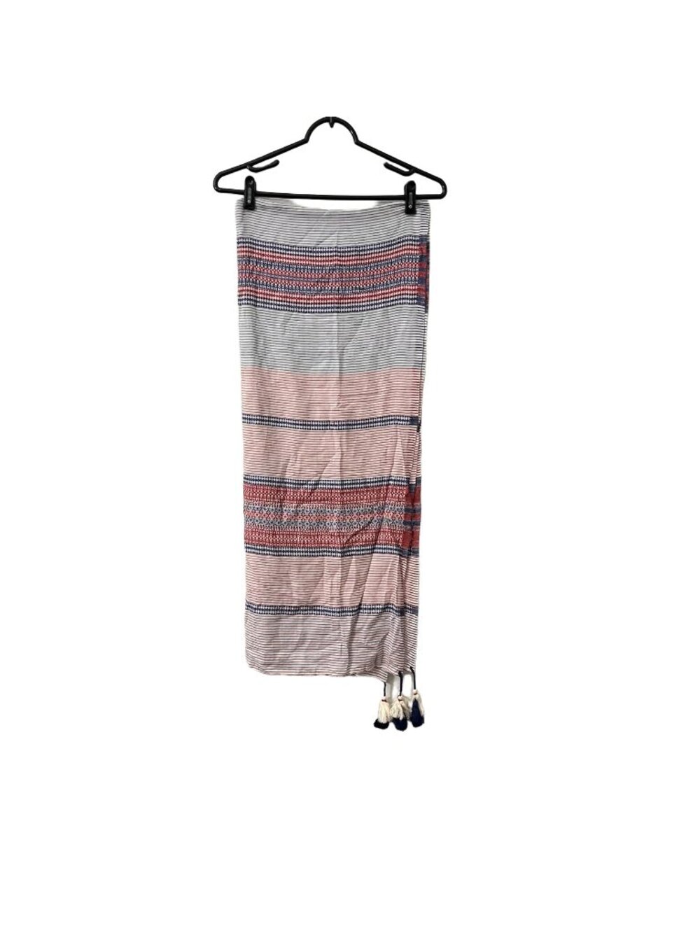 Womens Red White Blue Boho Tasseled Geometric Rectangle Scarf